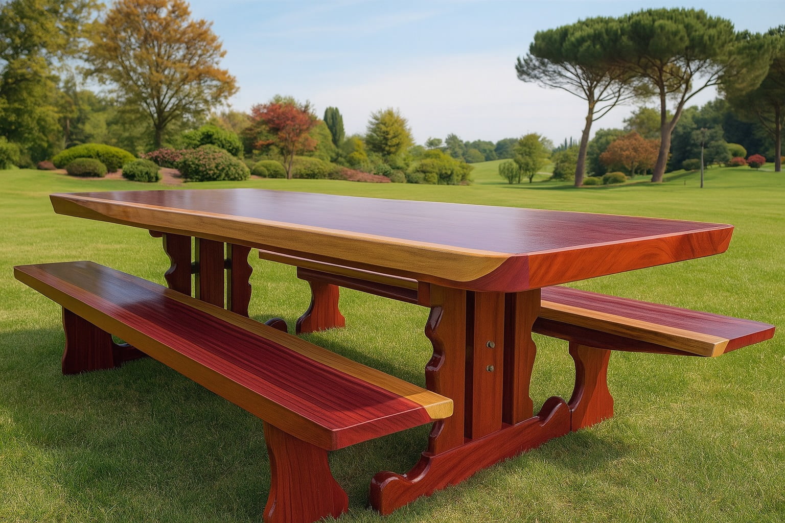 Conjunto Mesa Rústica (250cm x 90cm x 6cm) Pés Formato Torre, com 2 Bancos Rústicos (250 X 38) de Madeira Maciça de Roxão – 8 lugares