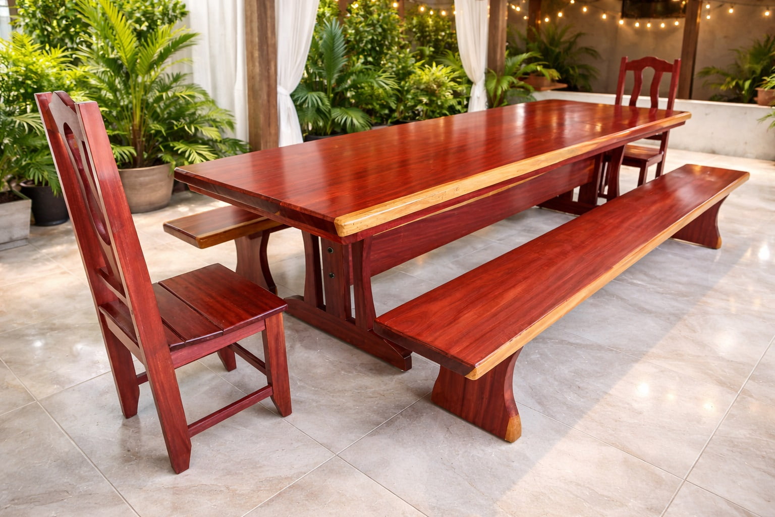 Conjunto Mesa Rústica (300cm x 90cm) + 2 Bancos Rústicos (300cm X 36cm) + 2 Cadeiras Rústicas Coloniais tudo em Madeira Maciça de Roxão – 12 lugares