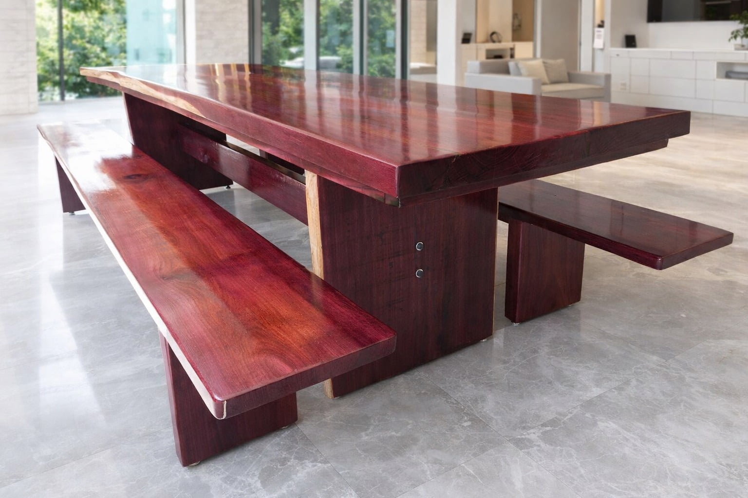 Conjunto Mesa Rústica Tampão(3,0mts x 85cm x 6cm) com 2 Bancos Rústicos (3,0mts X 36cm x 4cm) tudo em Madeira Maciça de Roxão – Pés Quadrados - Acabamento Verniz Auto Brilho - 10 a 12 lugares