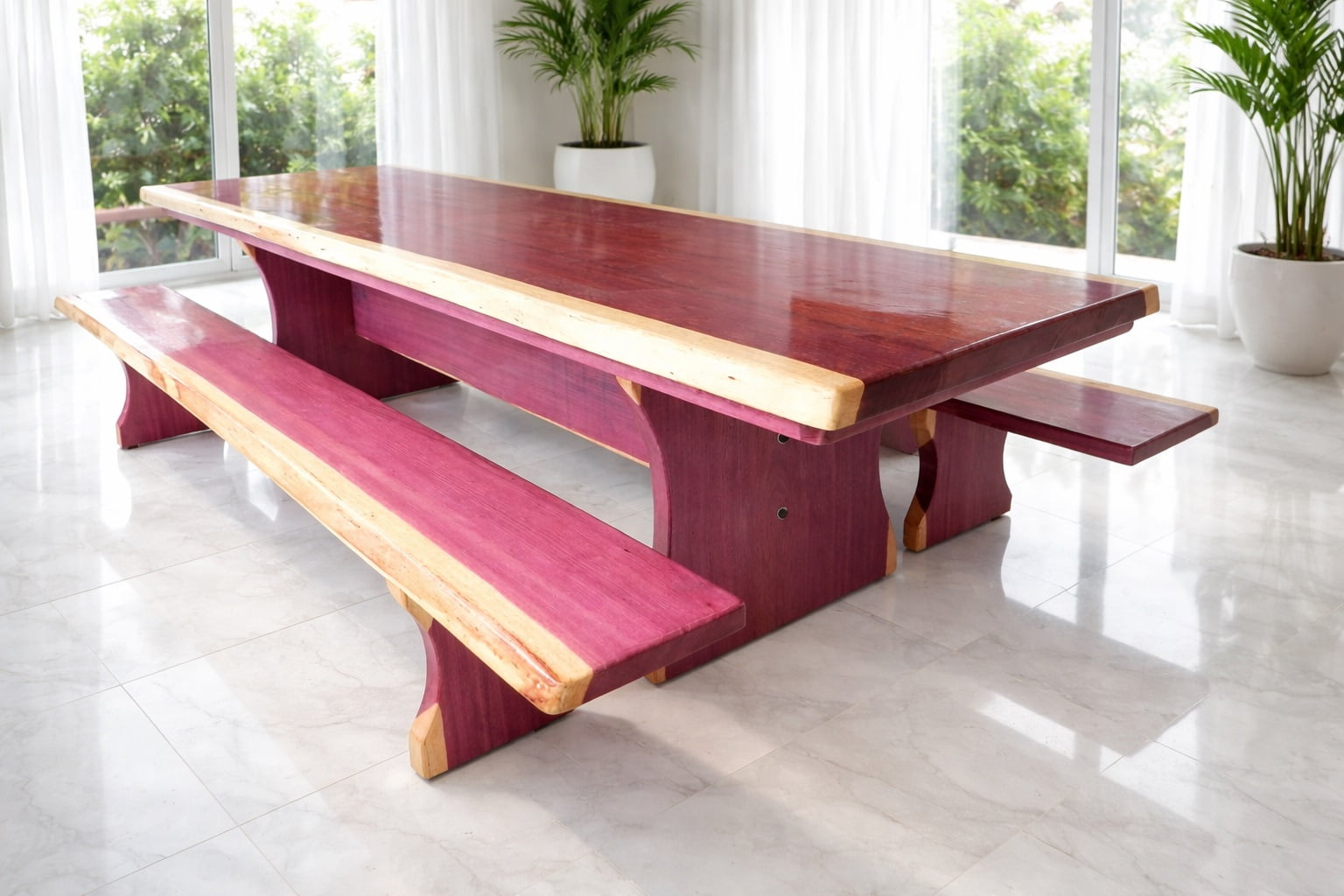 Conjunto Mesa Rústica Tampo Medida (300cm x 85cm x 6cm) com 2 Bancos Rústicos (300cm X 35cm x 4cm) de Madeira Maciça de Roxão – Pés formato Taça - Acabamento Verniz Auto Brilho - 10 a 12 lugares