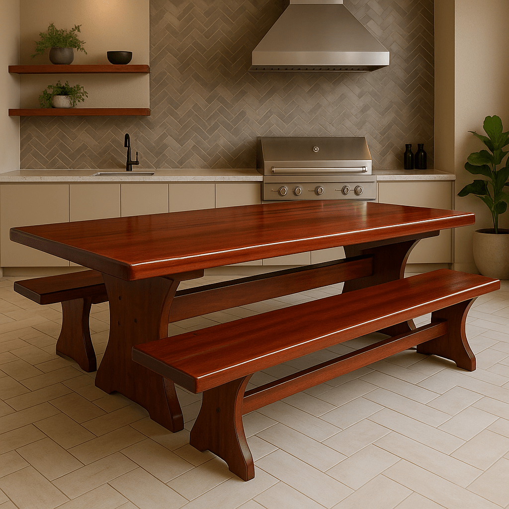 Conjunto Mesa  Rústica (300cm x 85cm x 6cm) com  2 Bancos Rústicos (300cm X 36cm x 4cm) de Madeira Maciça - Pés formato Taça - Acabamento Verniz Nogueira Auto Brilho – 10 lugares