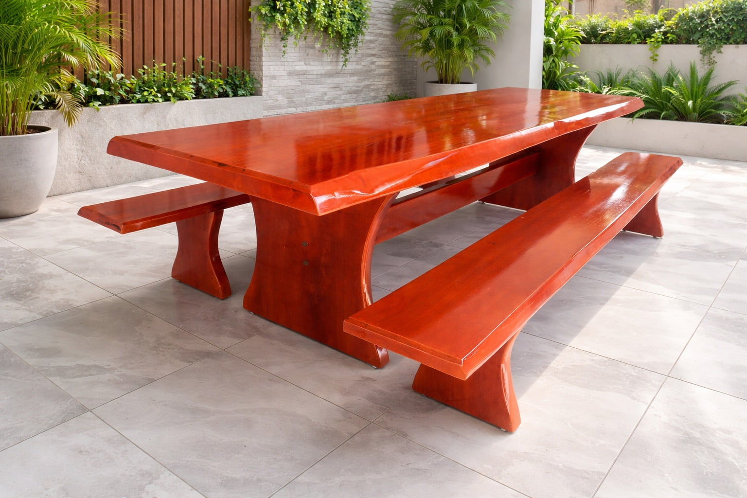 Conjunto Mesa Rústica (3,00mts x 85cm x 5,5cm) com Bordas Laterais Orgânicas e 2 Bancos Rústicos (3,00mts X 36cm x 4cm) de Madeira Maciça de Jequitibá Acabamento em Mogno – 10 lugares