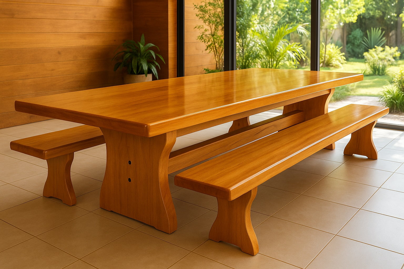 Conjunto Mesa Rústica (300 x 85) com 2 Bancos Rústicos (300 X 36) de Madeira 100% Maciça – 10 lugares