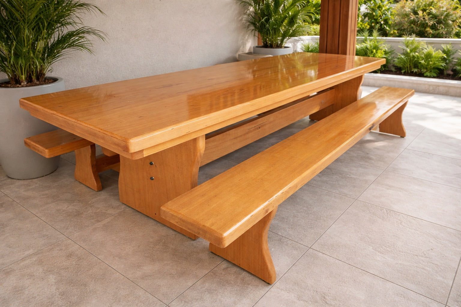 Conjunto Mesa Rústica (300cm x 85cm x 5,5cm) com 2 Bancos Rústicos (300cm X 36cm X 4cm) de Madeira Maciça de Tauari – Pés Formato Taça - 10 a 12 Lugares