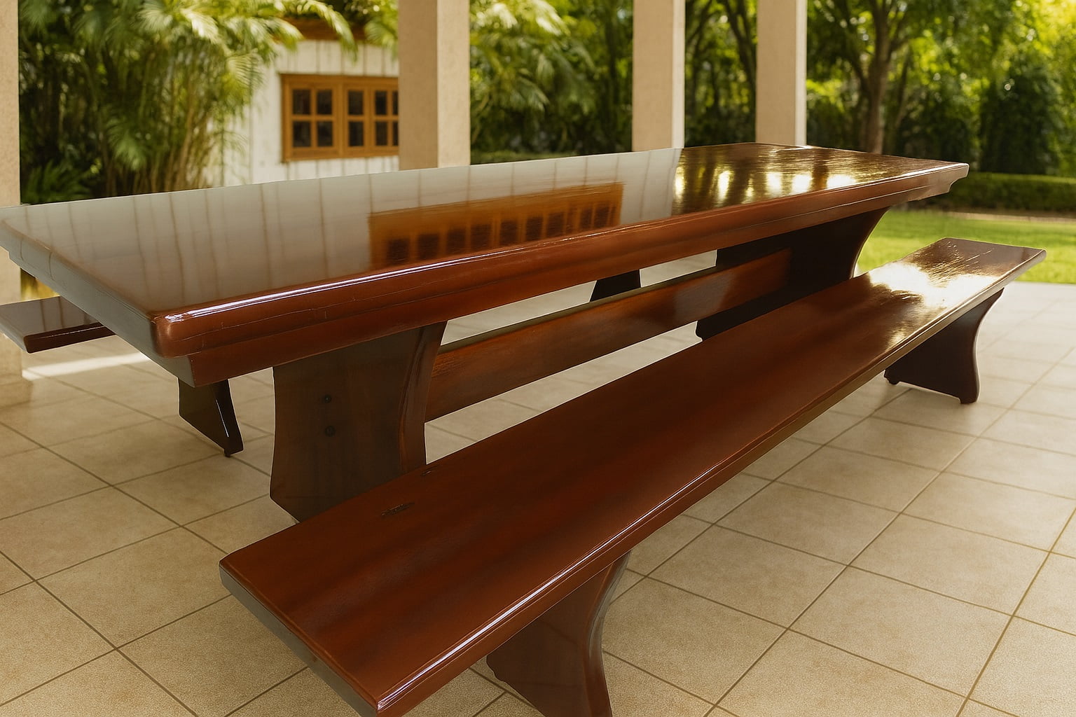 Conjunto Mesa  Rústica (300cm x 85cm x 6cm) com  2 Bancos Rústicos (300cm X 36cm x 4cm) de Madeira Maciça - Pés formato Taça - Acabamento Verniz Nogueira Auto Brilho – 10 lugares