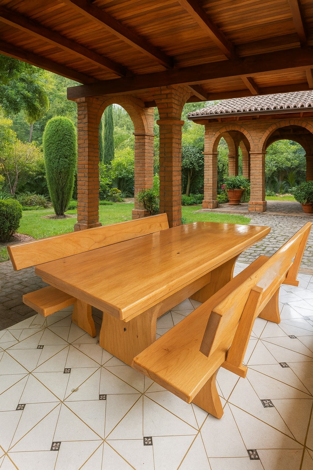 Conjunto Mesa Rústica Jantar (200cm x 86cm x 5,5cm) com 2 Bancos Rústicos com Encosto (200cm X 36cm x 4cm) de Madeira Maciça de Tauari – 8 lugares 