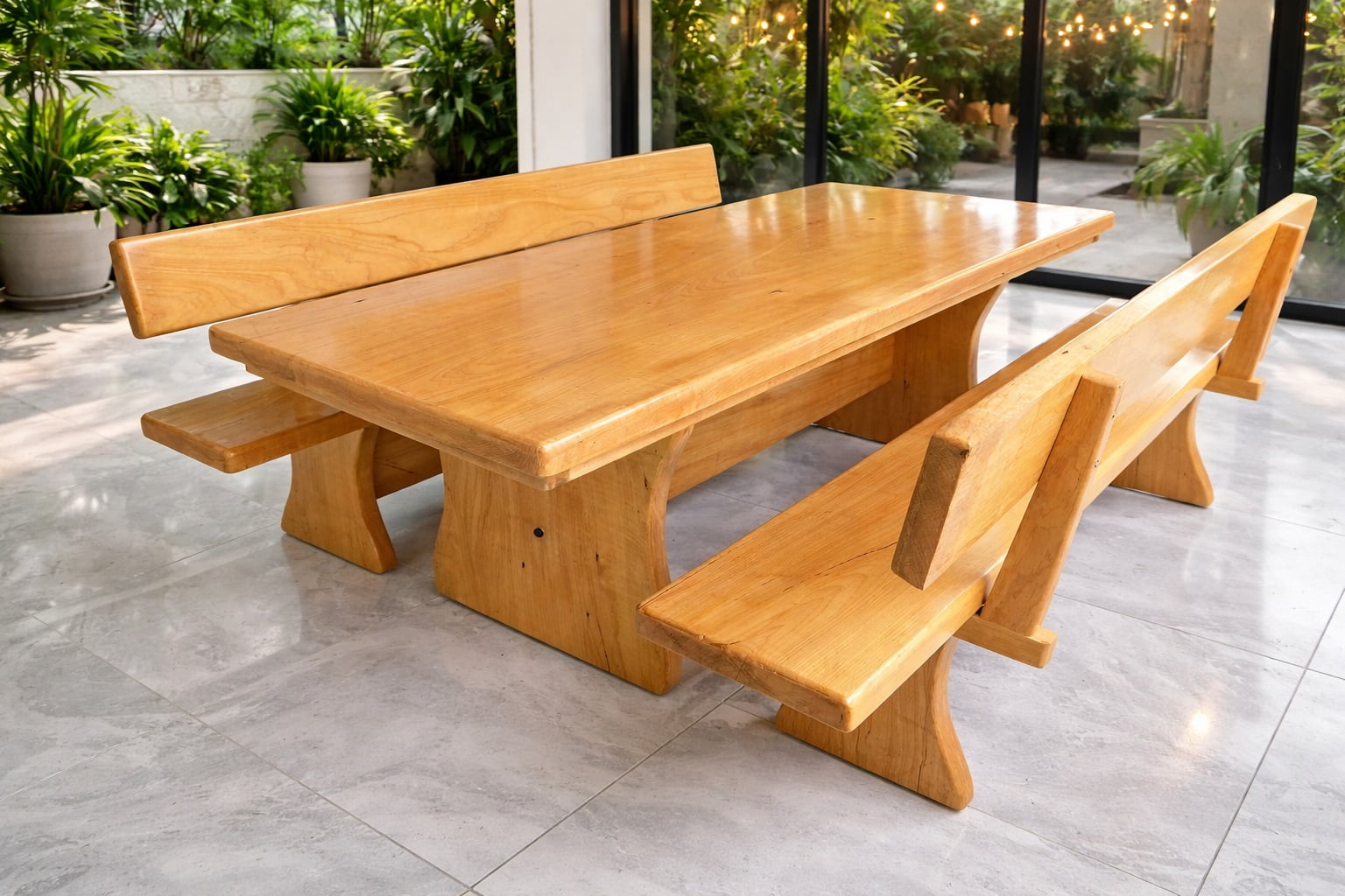 Conjunto Mesa Rústica Jantar (200cm x 86cm x 5,5cm) com 2 Bancos Rústicos com Encosto (200cm X 36cm x 4cm) de Madeira Maciça de Tauari – 8 lugares 