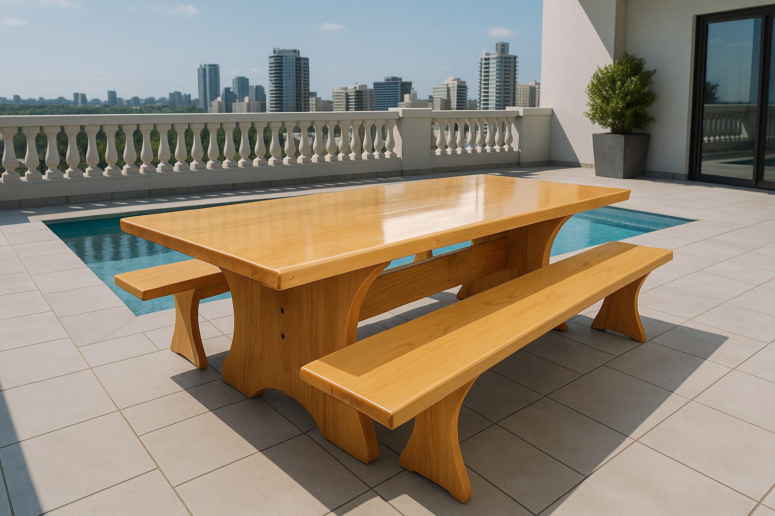 Conjunto Mesa Rústica Tampão (250cm x 90cm x 5cm) com 2 Bancos Rústicos Tampão (250cm X 36cm X 4cm) Pés formato Taça Madeira Maciça Tauari – Acabamento Verniz Auto Brilho - 8 lugares