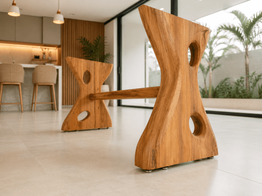 02 Pés de Mesa Exclusivos em Madeira Maciça FREIJÓ medidas (Altura: 74cm Espessura: 10cm Largura Base Topo: 51cm  Largura Base Chão: 55cm Cintura: 21cm) com Travessa medidas(Altura: 8cm  Espessura: 5cm)  Acabamento Acetinado