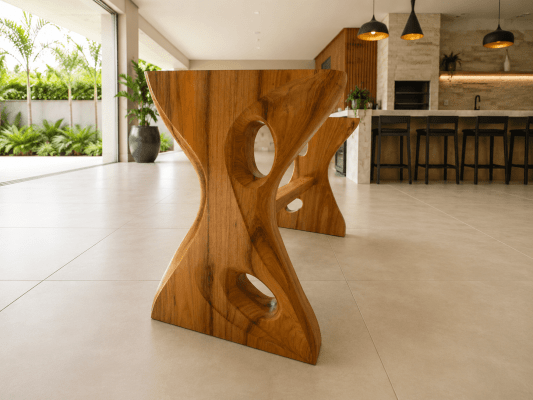 02 Pés de Mesa Exclusivos em Madeira Maciça FREIJÓ medidas (Altura: 74cm Espessura: 10cm Largura Base Topo: 51cm  Largura Base Chão: 55cm Cintura: 21cm) com Travessa medidas(Altura: 8cm  Espessura: 5cm)  Acabamento Acetinado