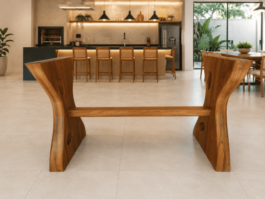 02 Pés de Mesa Exclusivos em Madeira Maciça FREIJÓ medidas (Altura: 74cm Espessura: 10cm Largura Base Topo: 51cm  Largura Base Chão: 55cm Cintura: 21cm) com Travessa medidas(Altura: 8cm  Espessura: 5cm)  Acabamento Acetinado
