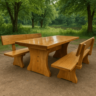 Conjunto Mesa Rústica Jantar (200 x 90) com 2 Bancos Rústicos com Encosto (200 X 36) de Madeira Maciça de Tauari – 6 lugares