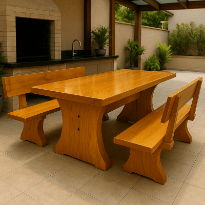 Conjunto Mesa Rústica Jantar (200 x 90) com 2 Bancos Rústicos com Encosto (200 X 36) de Madeira Maciça de Tauari – 6 lugares