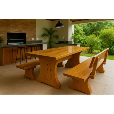 Conjunto Mesa Rústica Jantar (200 x 90) com 2 Bancos Rústicos com Encosto (200 X 36) de Madeira Maciça de Tauari – 6 lugares