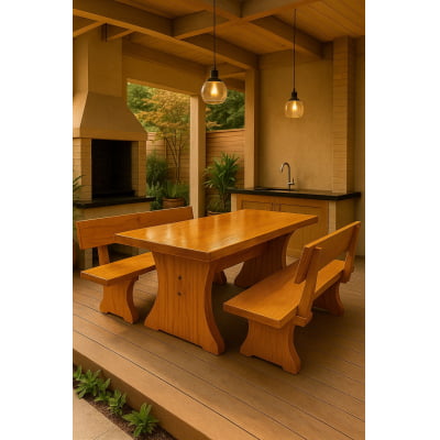 Conjunto Mesa Rústica Jantar (200 x 90) com 2 Bancos Rústicos com Encosto (200 X 36) de Madeira Maciça de Tauari – 6 lugares