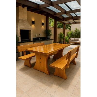 Conjunto Mesa Rústica Jantar (200 x 90) com 2 Bancos Rústicos com Encosto (200 X 36) de Madeira Maciça de Tauari – 6 lugares