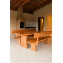Conjunto Mesa Rústica Jantar (200cm x 85cm X 6cm) com 2 Bancos Rústicos com Encosto (200cm X 36cm X 4cm) de Madeira Maciça de Tauari – 6 lugares
