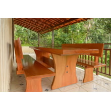 Conjunto Mesa Rústica Jantar (200cm x 85cm X 6cm) com 2 Bancos Rústicos com Encosto (200cm X 36cm X 4cm) de Madeira Maciça de Tauari – 6 lugares