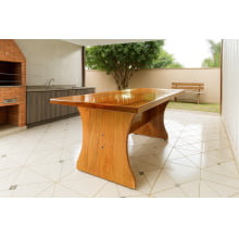 Conjunto Mesa Rústica Jantar (200cm x 85cm X 6cm) com 2 Bancos Rústicos com Encosto (200cm X 36cm X 4cm) de Madeira Maciça de Tauari – 6 lugares