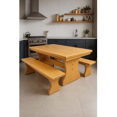 Conjunto Mesa Rústica (200cm x 85cm x 5,5cm) + 2 Bancos Rústicos (200cm X 36cm) de Madeira Maciça de Caxeta - Pés Formato Taça - Acabamento Verniz Auto brilho Incolor – 06 lugares
