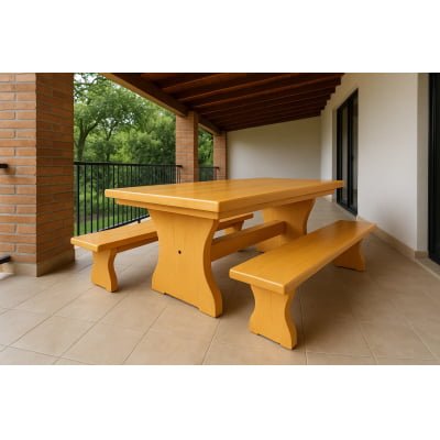 Conjunto Mesa Rústica (200cm x 85cm x 5,5cm) + 2 Bancos Rústicos (200cm X 36cm) de Madeira Maciça de Caxeta - Pés Formato Taça - Acabamento Verniz Auto brilho Incolor – 06 lugares