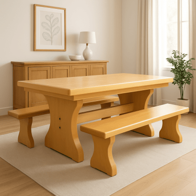 Conjunto Mesa Rústica (200cm x 85cm x 5,5cm) + 2 Bancos Rústicos (200cm X 36cm) de Madeira Maciça de Caxeta - Pés Formato Taça - Acabamento Verniz Auto brilho Incolor – 06 lugares