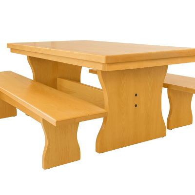 Conjunto Mesa Rústica (200cm x 85cm x 5,5cm) + 2 Bancos Rústicos (200cm X 36cm) de Madeira Maciça de Caxeta - Pés Formato Taça - Acabamento Verniz Auto brilho Incolor – 06 lugares