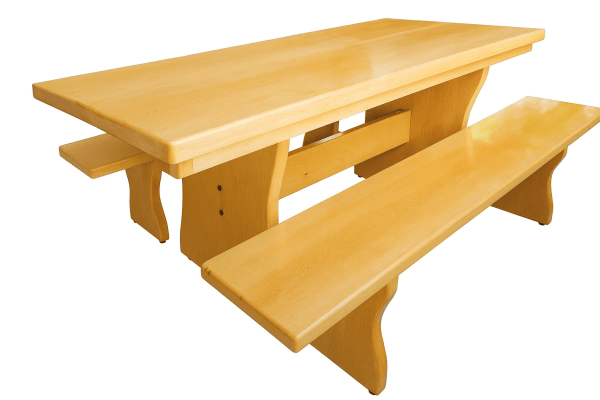 Conjunto Mesa Rústica (200cm x 85cm x 5,5cm) + 2 Bancos Rústicos (200cm X 36cm) de Madeira Maciça de Caxeta - Pés Formato Taça - Acabamento Verniz Auto brilho Incolor – 06 lugares