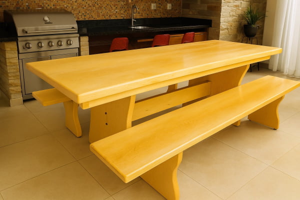 Conjunto Mesa Rústica (200cm x 85cm x 5,5cm) + 2 Bancos Rústicos (200cm X 36cm) de Madeira Maciça de Caxeta - Pés Formato Taça - Acabamento Verniz Auto brilho Incolor – 06 lugares