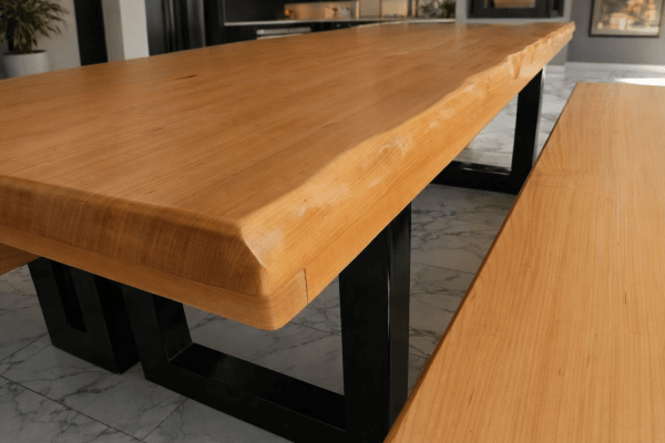 Conjunto Mesa Rústica Madeira Maciça Tauari Tampo (300cm x 90cm x 5,5cm) com 2 Bancos Rústicos (300cm X 36cm X 4cm) com Pés de Ferro Metalon 100mmX100mm Acabamento Verniz Incolor Auto Brilho  - 10 lugares 