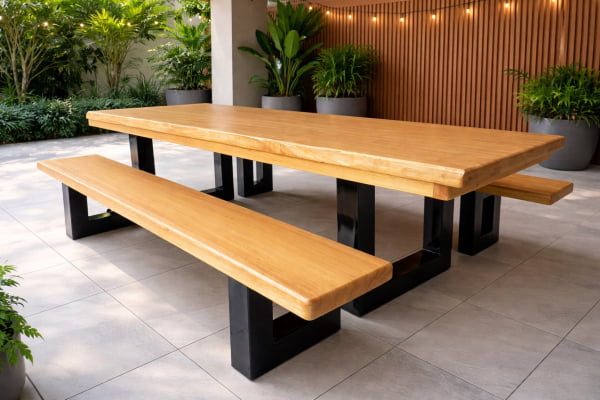 Conjunto Mesa Rústica Madeira Maciça Tauari Tampo (300cm x 90cm x 5,5cm) com 2 Bancos Rústicos (300cm X 36cm X 4cm) com Pés de Ferro Metalon 100mmX100mm Acabamento Verniz Incolor Auto Brilho  - 10 lugares 