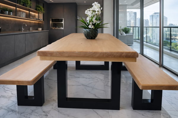 Conjunto Mesa Rústica Madeira Maciça Tauari Tampo (300cm x 90cm x 5,5cm) com 2 Bancos Rústicos (300cm X 36cm X 4cm) com Pés de Ferro Metalon 100mmX100mm Acabamento Verniz Incolor Auto Brilho  - 10 lugares 