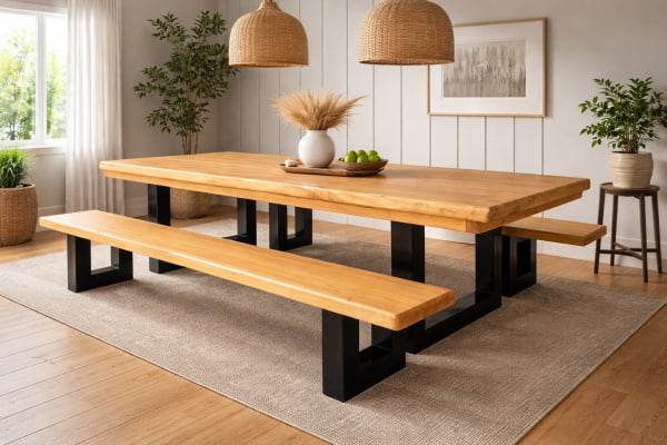 Conjunto Mesa Rústica Madeira Maciça Tauari Tampo (300cm x 90cm x 5,5cm) com 2 Bancos Rústicos (300cm X 36cm X 4cm) com Pés de Ferro Metalon 100mmX100mm Acabamento Verniz Incolor Auto Brilho  - 10 lugares 