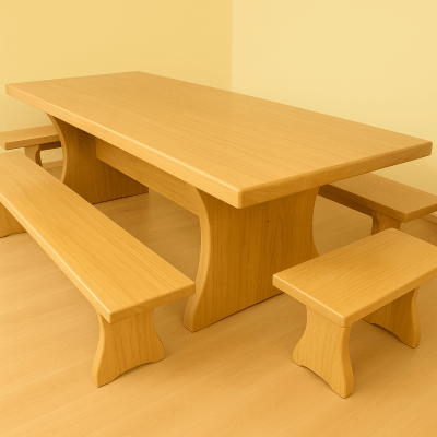 Conjunto Mesa  Rústica Tampão(300cm x 85cm) com  4 Bancos Rústicos (300cm X 36cm) e (85cm X 36cm) de Madeira 100% Maciça Caxeta Branca - Acabamento Verniz  Auto Brilho – 12 lugares