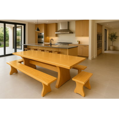 Conjunto Mesa  Rústica Tampão(300cm x 85cm) com  4 Bancos Rústicos (300cm X 36cm) e (85cm X 36cm) de Madeira 100% Maciça Caxeta Branca - Acabamento Verniz  Auto Brilho – 12 lugares