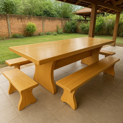 Conjunto Mesa  Rústica Tampão(300cm x 85cm) com  4 Bancos Rústicos (300cm X 36cm) e (85cm X 36cm) de Madeira 100% Maciça Caxeta Branca - Acabamento Verniz  Auto Brilho – 12 lugares