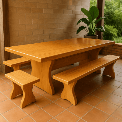 Conjunto Mesa  Rústica Tampão(300cm x 85cm) com  4 Bancos Rústicos (300cm X 36cm) e (85cm X 36cm) de Madeira 100% Maciça Caxeta Branca - Acabamento Verniz  Auto Brilho – 12 lugares