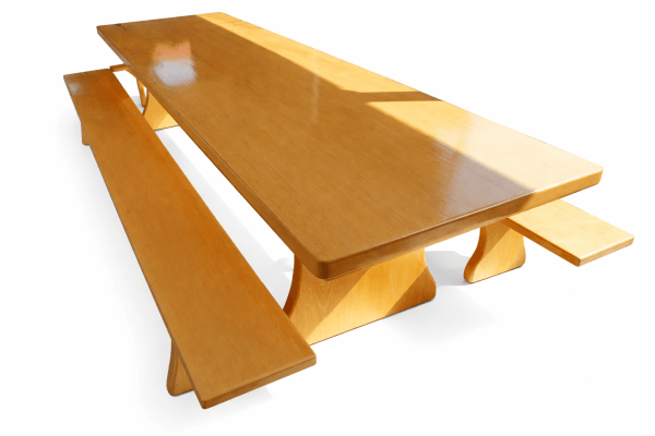 Conjunto Mesa Rústica Tampão(300cm x 85cm) com 4 Bancos Rústicos (300cm X 36cm) e (85cm X 36cm) de Madeira 100% Maciça Caxeta Branca - Acabamento Verniz Auto Brilho – 12 lugares