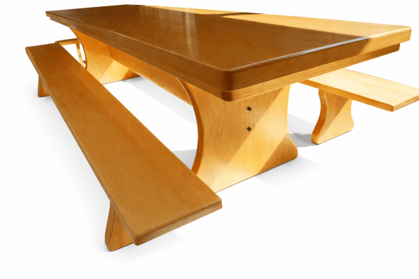 Conjunto Mesa Rústica Tampão(300cm x 85cm) com 4 Bancos Rústicos (300cm X 36cm) e (85cm X 36cm) de Madeira 100% Maciça Caxeta Branca - Acabamento Verniz Auto Brilho – 12 lugares