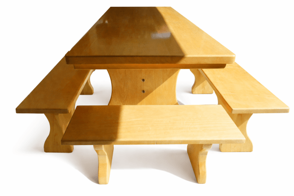 Conjunto Mesa Rústica Tampão(300cm x 85cm) com 4 Bancos Rústicos (300cm X 36cm) e (85cm X 36cm) de Madeira 100% Maciça Caxeta Branca - Acabamento Verniz Auto Brilho – 12 lugares