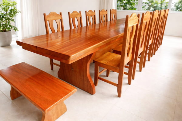 Conjunto de Mesa de Madeira Maciça em Cedro Mara (400cm x 90cm x 6cm) com 10 Cadeiras Rústicas Coloniais + 02 Bancos de Cabeceira(90cm x 36cm x 4cm) – Pés formato Taça -  Verniz Auto-Brilho