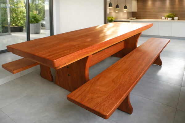 Conjunto Mesa Rústica (250cm x 80cm x 5,5cm) com 2 Bancos Rústicos (250cm X 36cm x 4cm) de Madeira Maciça de Cedro Mara - Pés Formato Taça - Acabamento Verniz PU Auto Brilho - 8 a 10 Lugares