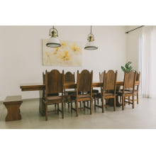 Conjunto Mesa Rústica Madeira Maciça (2,80cm x 85cm) com 08 CADEIRAS  Rústicas Coloniais, tudo em Cedro Mara - Acabamento Verniz AutoBrilho - Pés formato Taça - 08 lugares