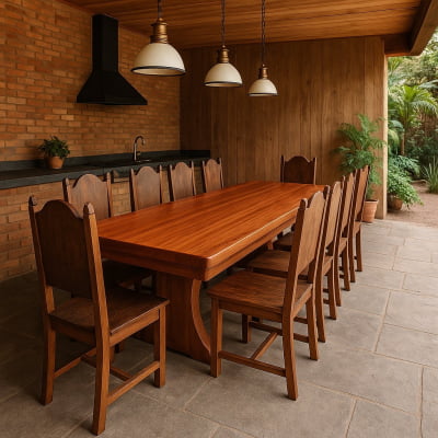 Conjunto Mesa Rústica Madeira Maciça (2,80cm x 85cm) com 08 CADEIRAS  Rústicas Coloniais, tudo em Cedro Mara - Acabamento Verniz AutoBrilho - Pés formato Taça - 08 lugares