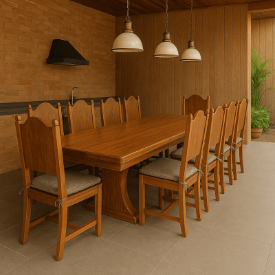 Conjunto Mesa Rústica Madeira Maciça (2,80cm x 85cm) com 08 CADEIRAS  Rústicas Coloniais, tudo em Cedro Mara - Acabamento Verniz AutoBrilho - Pés formato Taça - 08 lugares