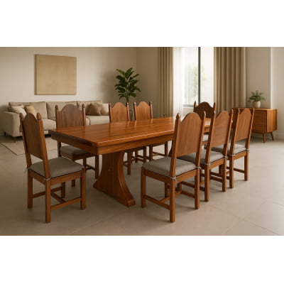 Conjunto Mesa Rústica Madeira Maciça (2,80cm x 85cm) com 08 CADEIRAS  Rústicas Coloniais, tudo em Cedro Mara - Acabamento Verniz AutoBrilho - Pés formato Taça - 08 lugares