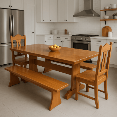 Conjunto de Mesa Rústica Madeira Maciça Jequitibá  Tampão(3,00mts X 87cm x 3,5cm) com 02 Bancos Rústicos Tampão(3,00mts x 36cm x 3cm) + 2 Cadeiras de cabeceira de Madeira - Acabamento Verniz Incolor Auto Brilho - 12 Lugares