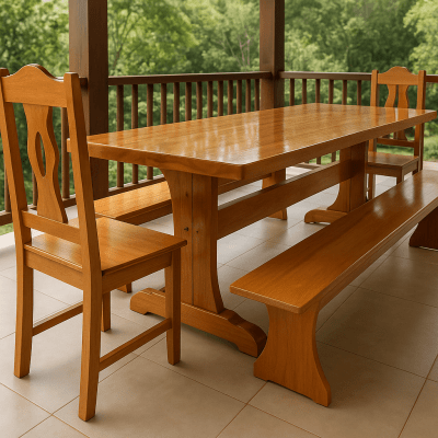 Conjunto de Mesa Rústica Madeira Maciça Jequitibá  Tampão(3,00mts X 87cm x 3,5cm) com 02 Bancos Rústicos Tampão(3,00mts x 36cm x 3cm) + 2 Cadeiras de cabeceira de Madeira - Acabamento Verniz Incolor Auto Brilho - 12 Lugares