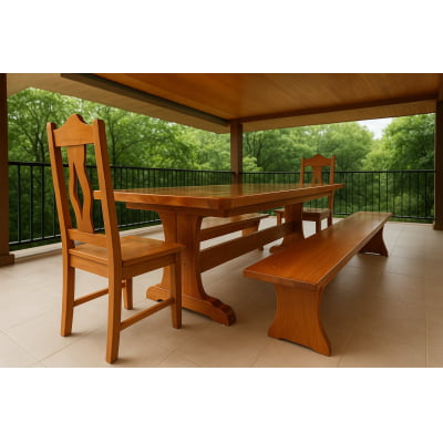 Conjunto de Mesa Rústica Madeira Maciça Jequitibá  Tampão(3,00mts X 87cm x 3,5cm) com 02 Bancos Rústicos Tampão(3,00mts x 36cm x 3cm) + 2 Cadeiras de cabeceira de Madeira - Acabamento Verniz Incolor Auto Brilho - 12 Lugares