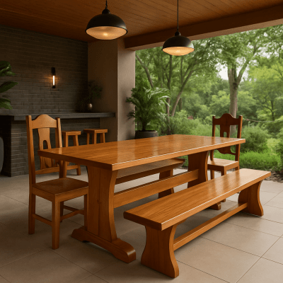 Conjunto de Mesa Rústica Madeira Maciça Jequitibá  Tampão(3,00mts X 87cm x 3,5cm) com 02 Bancos Rústicos Tampão(3,00mts x 36cm x 3cm) + 2 Cadeiras de cabeceira de Madeira - Acabamento Verniz Incolor Auto Brilho - 12 Lugares